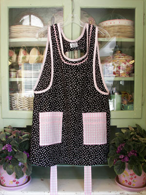 Grandma black / white polka dot with pink gingham pockets, click for mor Grandma aprons in various material